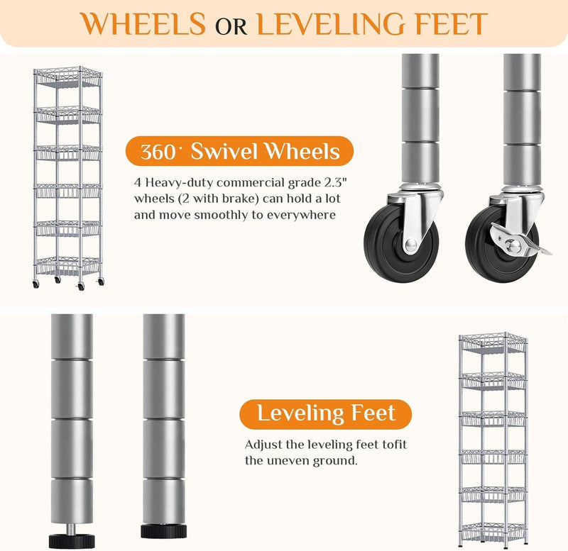 6-Tier Slim Metal Shelving Unit on Wheels