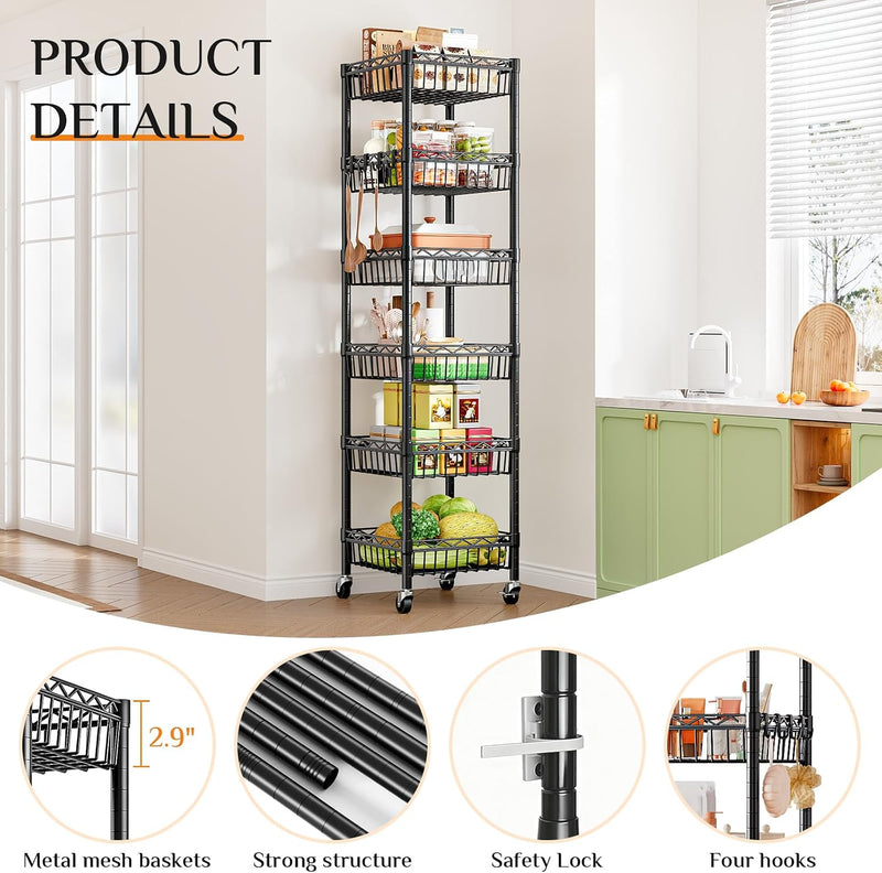 6-Tier Slim Metal Shelving Unit on Wheels