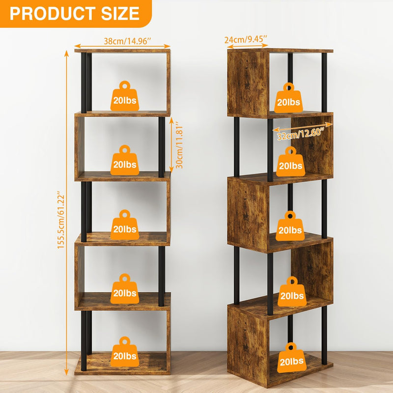 6-Tier Tall Bookshelf S-Shaped Geometric Bookcase