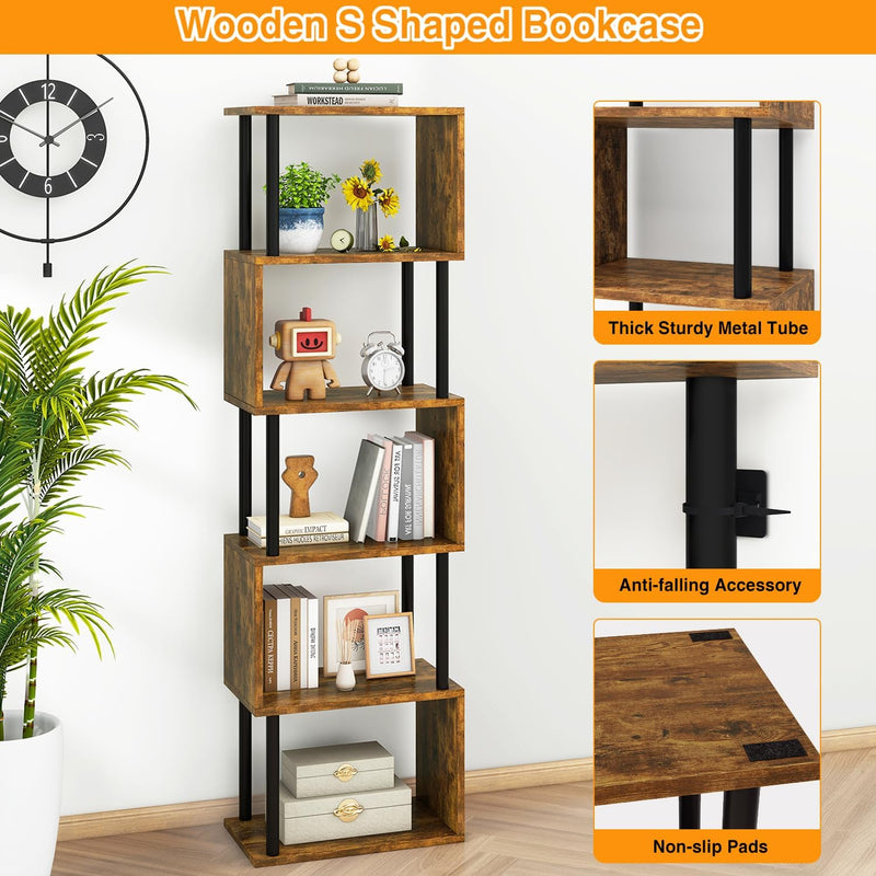 6-Tier Tall Bookshelf S-Shaped Geometric Bookcase
