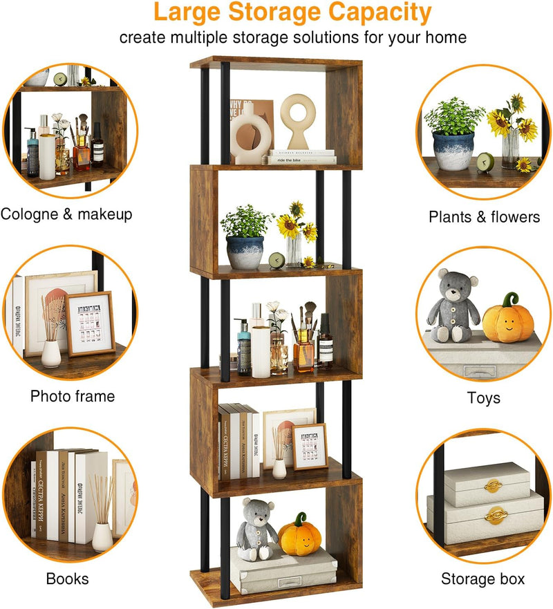 6-Tier Tall Bookshelf S-Shaped Geometric Bookcase