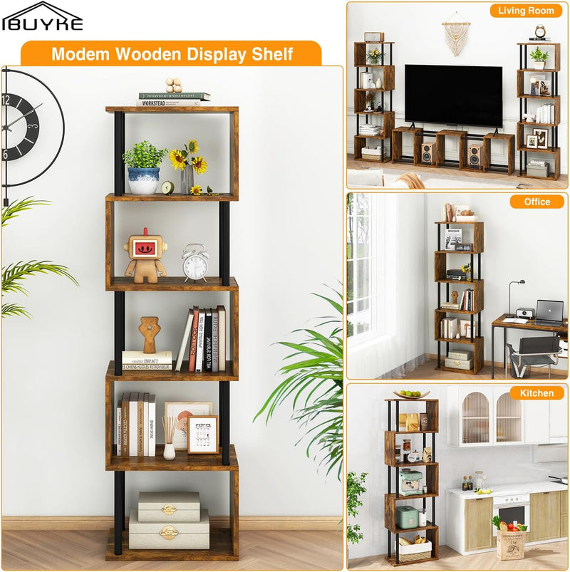 6-Tier Tall Bookshelf S-Shaped Geometric Bookcase