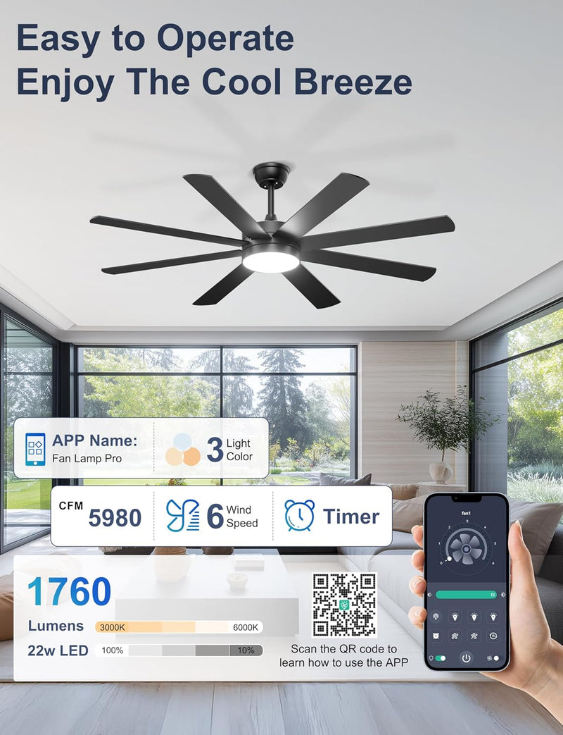 60'' Ceiling Fans with Lights Modern Fan Remote