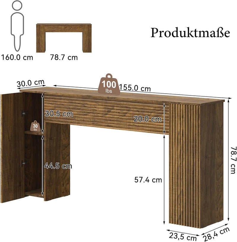 155CM Fluted Narrow Console Table with Storage Cabinets