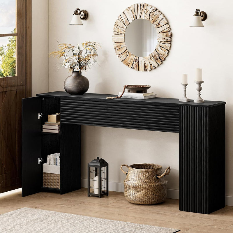 155CM Fluted Narrow Console Table with Storage Cabinets