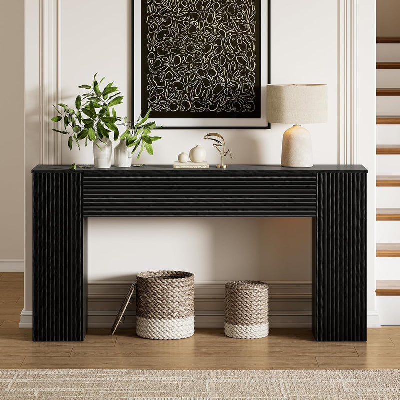 155CM Fluted Narrow Console Table with Storage Cabinets