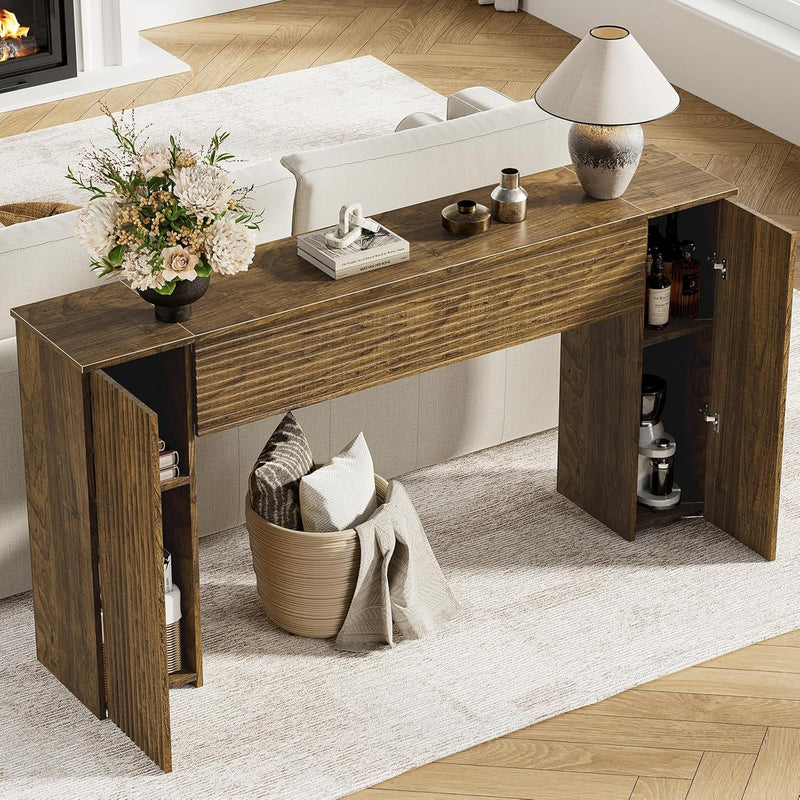155CM Fluted Narrow Console Table with Storage Cabinets