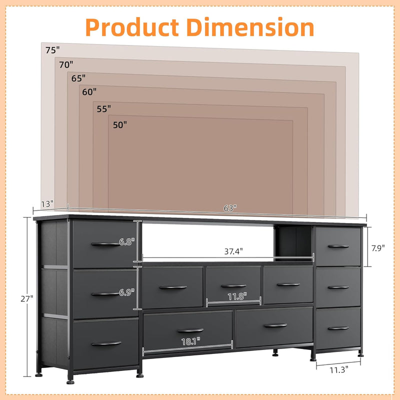 63" TV Cabinet Dresser for Bedroom with 11