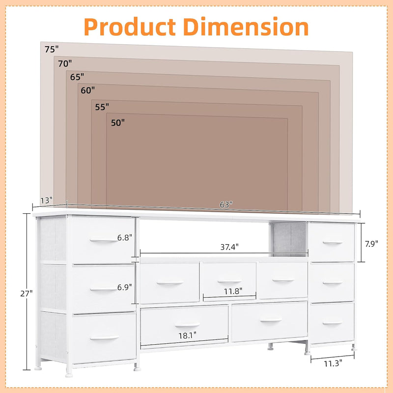 63" TV Cabinet Dresser for Bedroom with 11