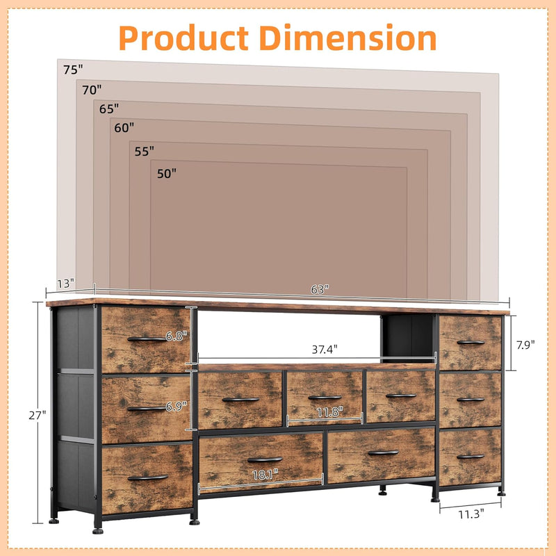 63" TV Cabinet Dresser for Bedroom with 11
