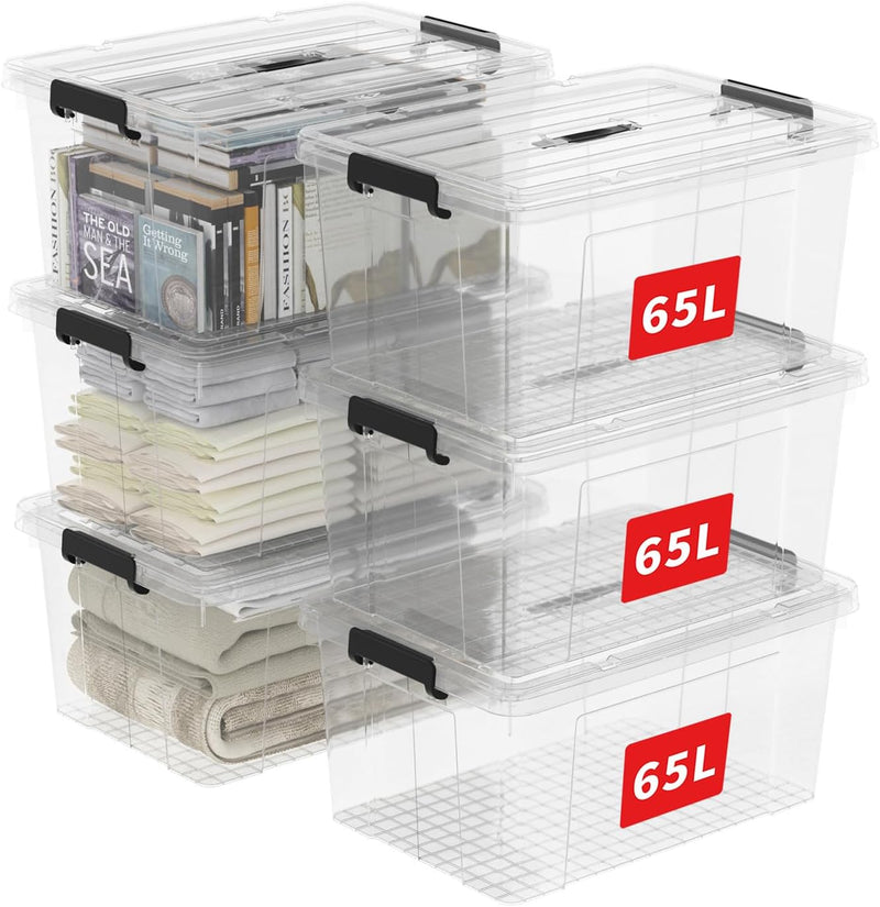 65lx6 Storage Boxes Carry Plastic Box with Lids (6 Pack)