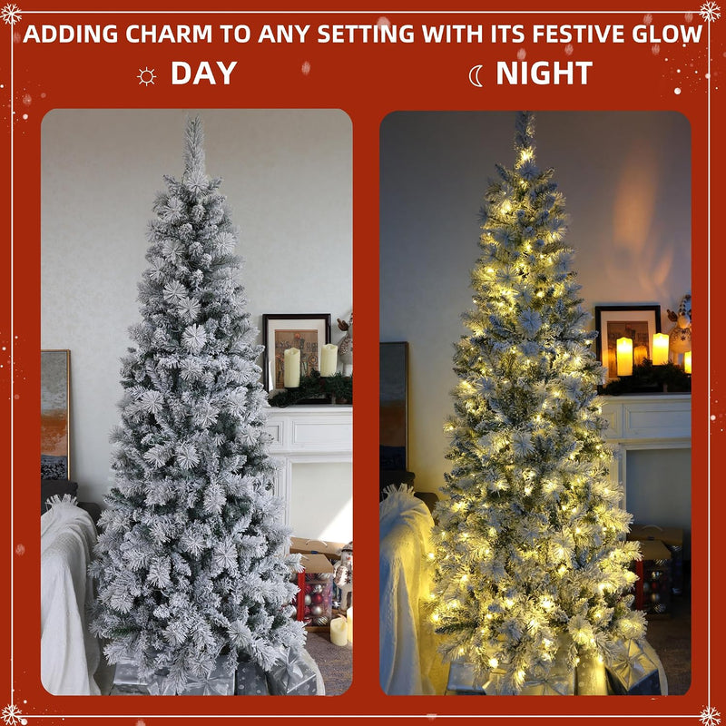6FT Pre-Lit Slim Snow Flocked Christmas Tree