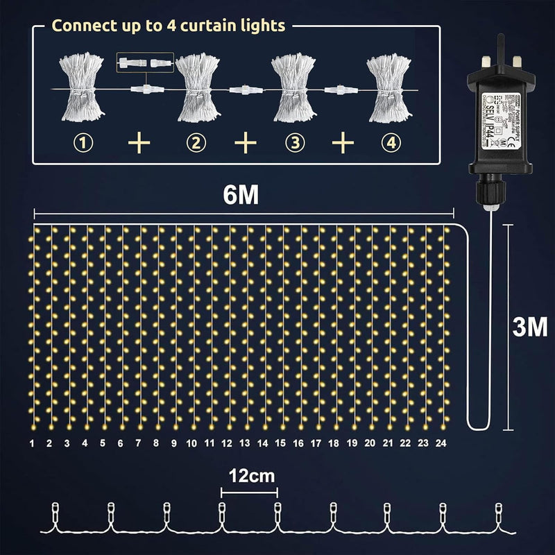 6m X 3m 600led Plug in Curtain Fairy (2 Pack)