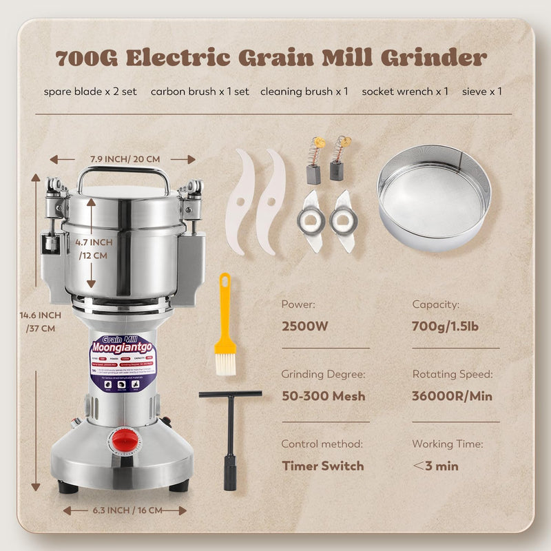 700g Electric Grain Grinder Stainless Steel 220V 2500W