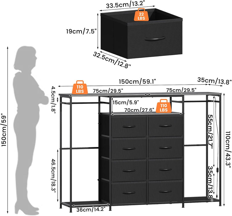 8-Drawer Dresser for Bedroom with Hanging Rack LED
