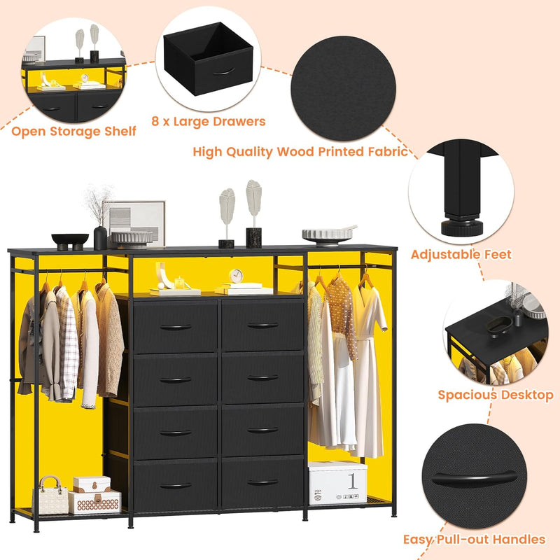 8-Drawer Dresser for Bedroom with Hanging Rack LED