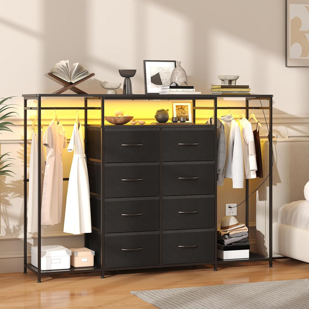 8-Drawer Dresser for Bedroom with Hanging Rack LED