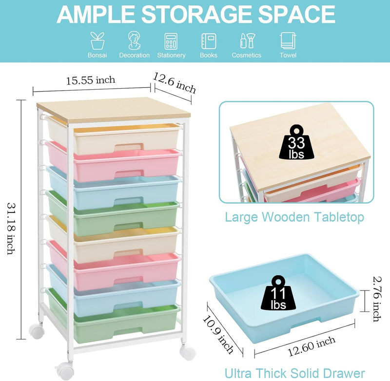 8-Drawer Storage Trolley Rolling Cart with Lockable Wheels