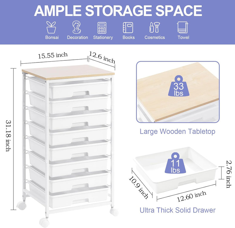 8-Drawer Storage Trolley Rolling Cart with Lockable Wheels