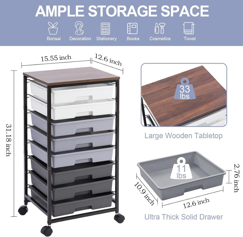 8-Drawer Storage Trolley Rolling Cart with Lockable Wheels