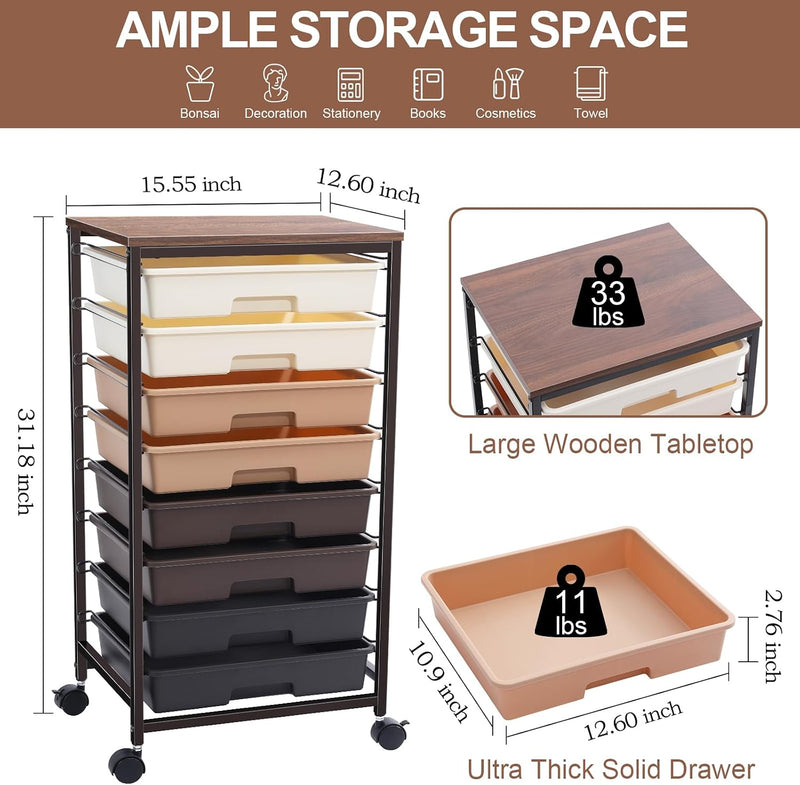 8-Drawer Storage Trolley Rolling Cart with Lockable Wheels