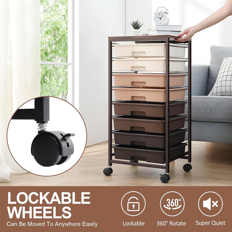 8-Drawer Storage Trolley Rolling Cart with Lockable Wheels