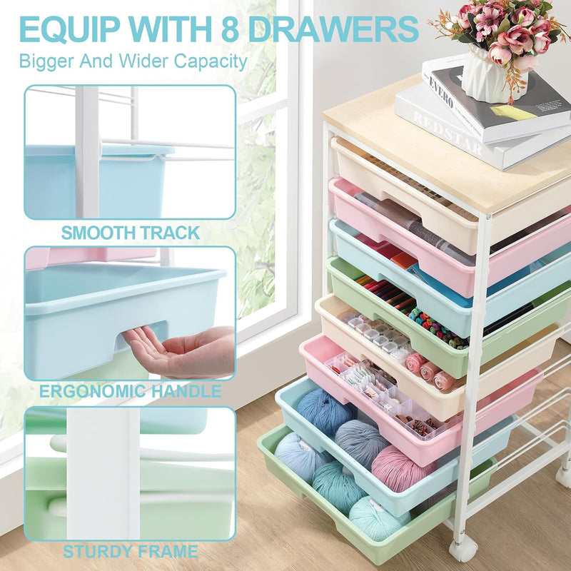 8-Drawer Storage Trolley Rolling Cart with Lockable Wheels