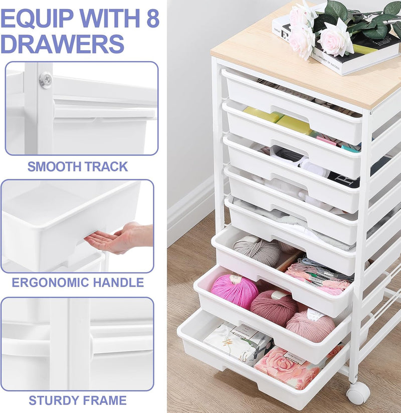 8-Drawer Storage Trolley Rolling Cart with Lockable Wheels