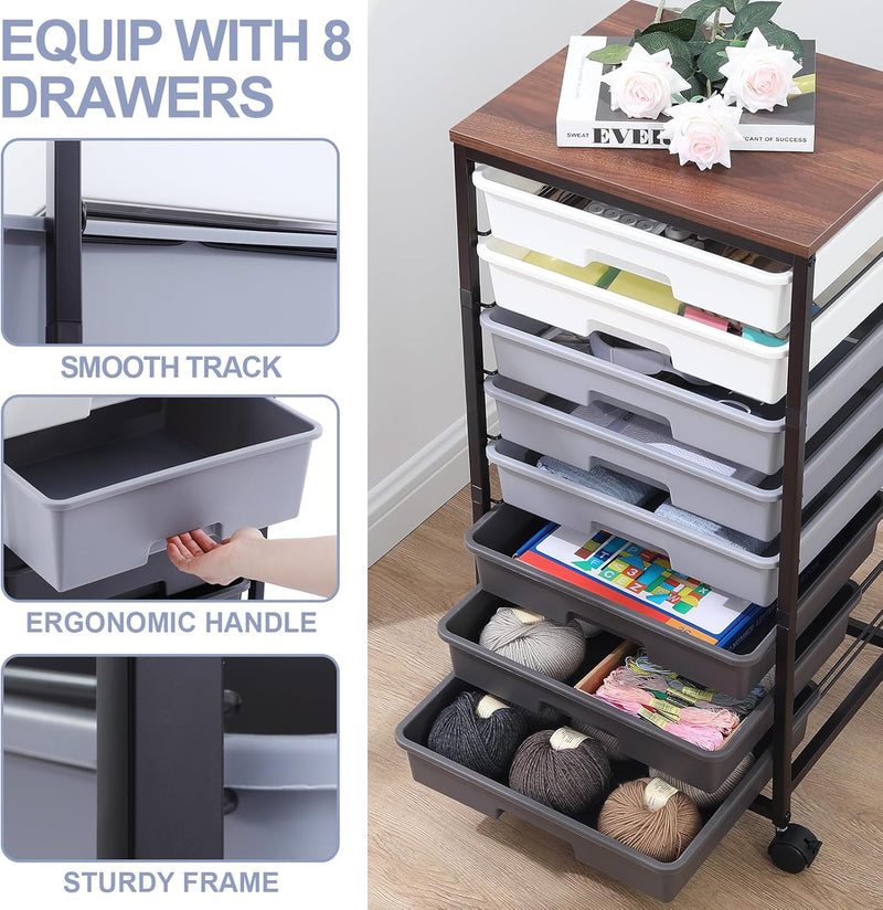 8-Drawer Storage Trolley Rolling Cart with Lockable Wheels