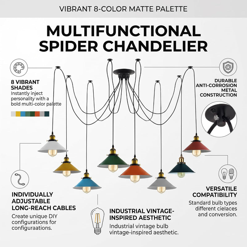 8 Heads Spider Pendant Light Industrial Metal Cone