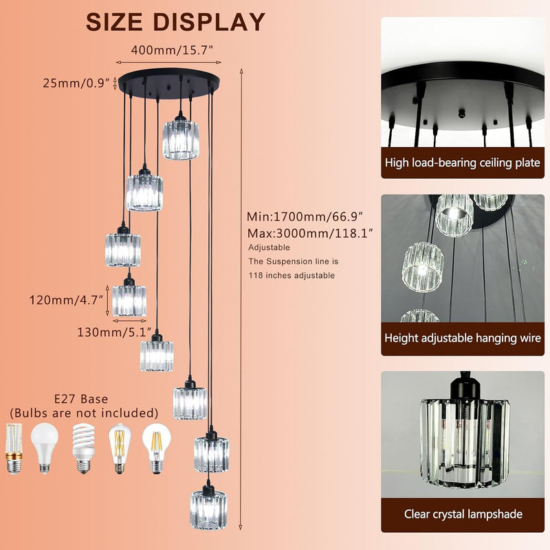 8-Light Crystal Staircase Chandelier Long Drop E27