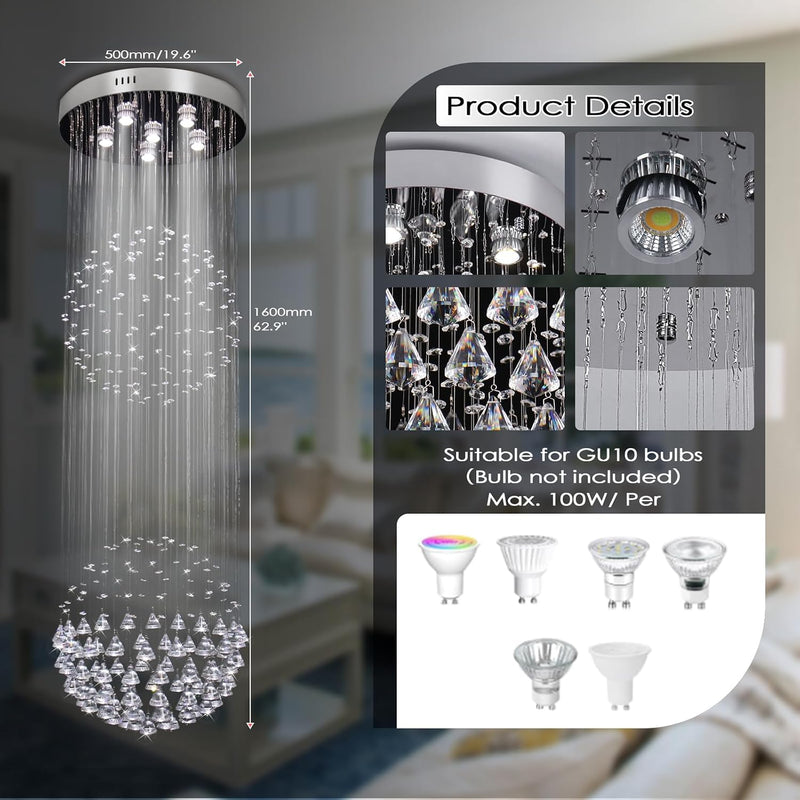 8-Light Crystal Staircase Chandelier Long Drop E27