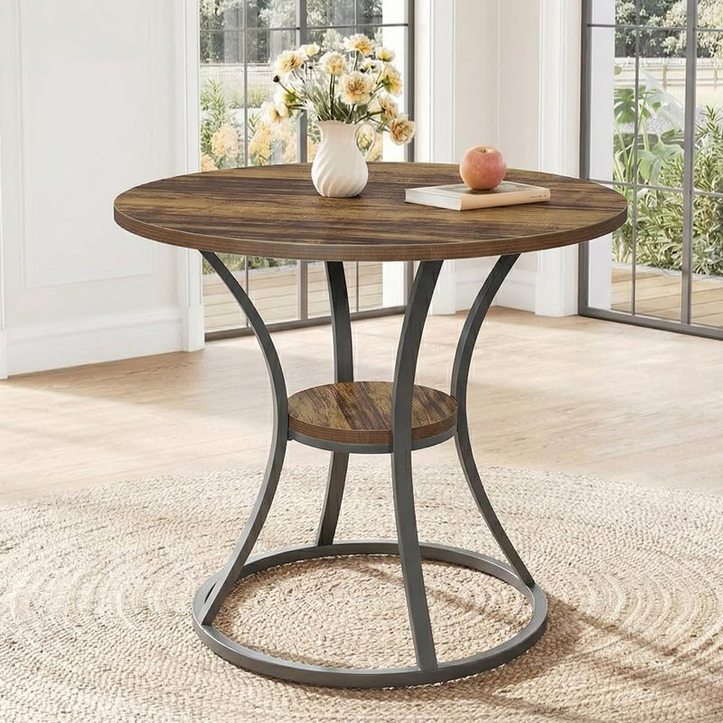 80CM Round Wooden Dining Table with Metal Legs
