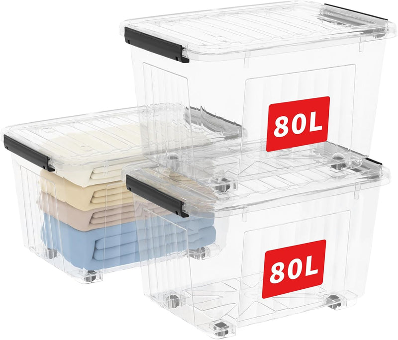 80lx6 Plastic Storage Boxes with Wheels Lidded Box (6 Pack)