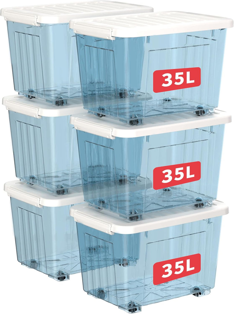 80lx6 Plastic Storage Boxes with Wheels Lidded Box (6 Pack)