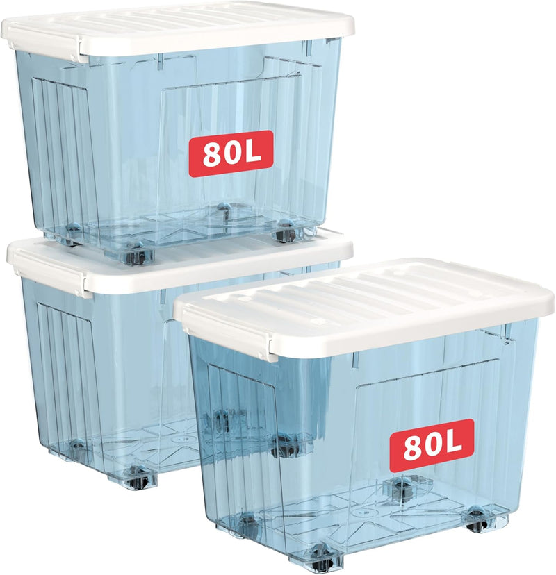 80lx6 Plastic Storage Boxes with Wheels Lidded Box (6 Pack)