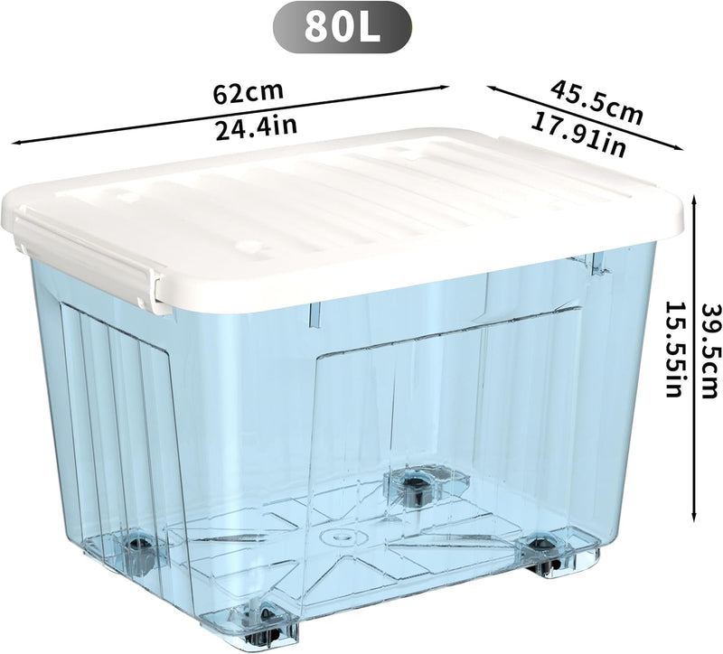 80lx6 Plastic Storage Boxes with Wheels Lidded Box (6 Pack)