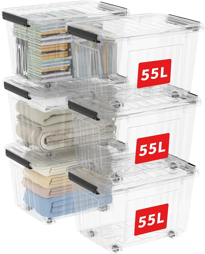 80lx6 Plastic Storage Boxes with Wheels Lidded Box (6 Pack)