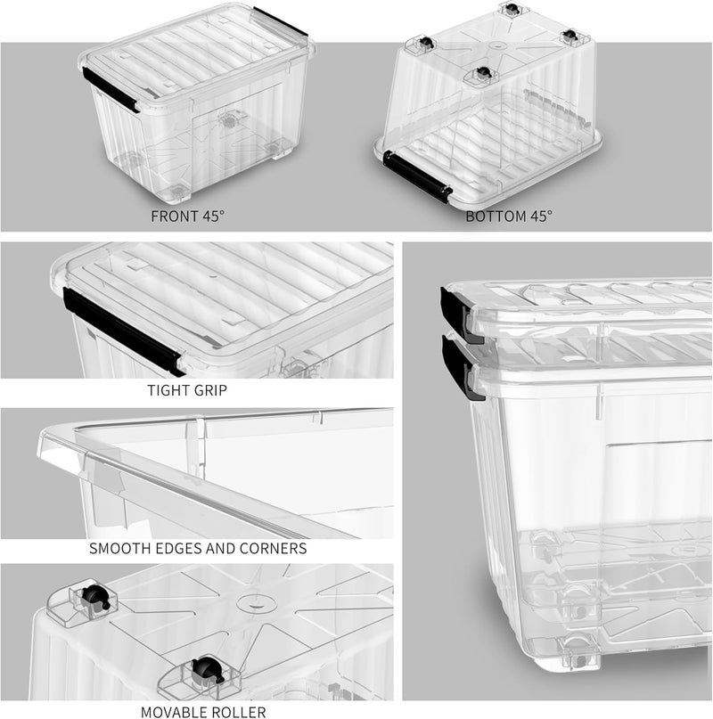 80lx6 Plastic Storage Boxes with Wheels Lidded Box (6 Pack)