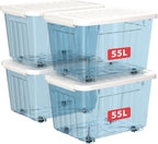 80lx6 Plastic Storage Boxes with Wheels Lidded Box (6 Pack)