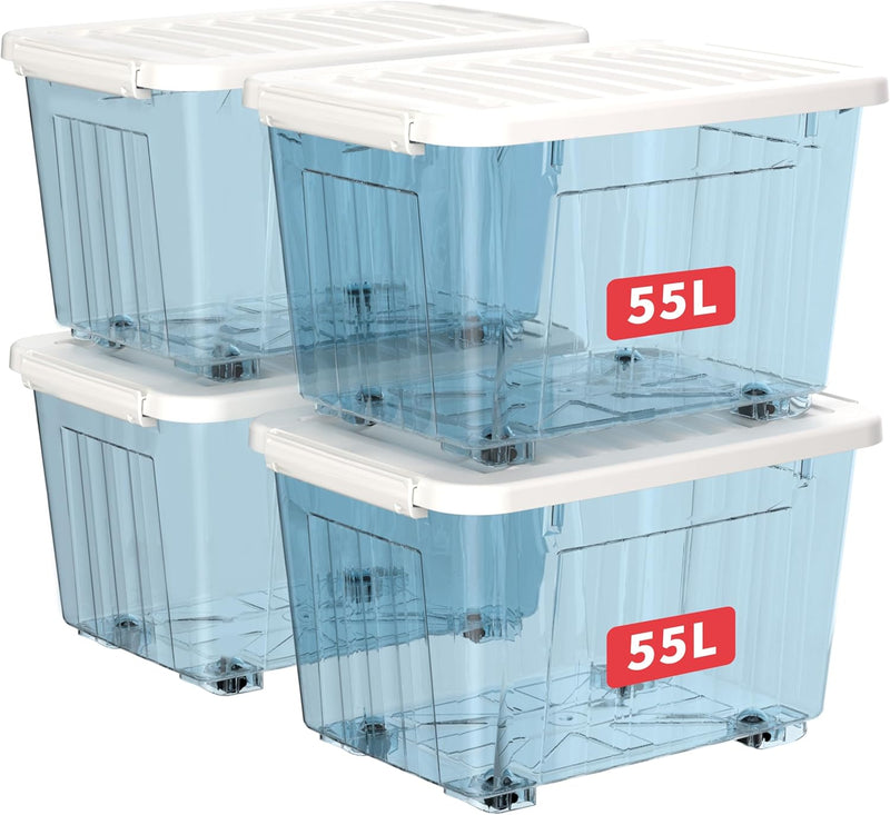 80lx6 Plastic Storage Boxes with Wheels Lidded Box (6 Pack)