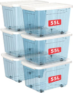 80lx6 Plastic Storage Boxes with Wheels Lidded Box (6 Pack)