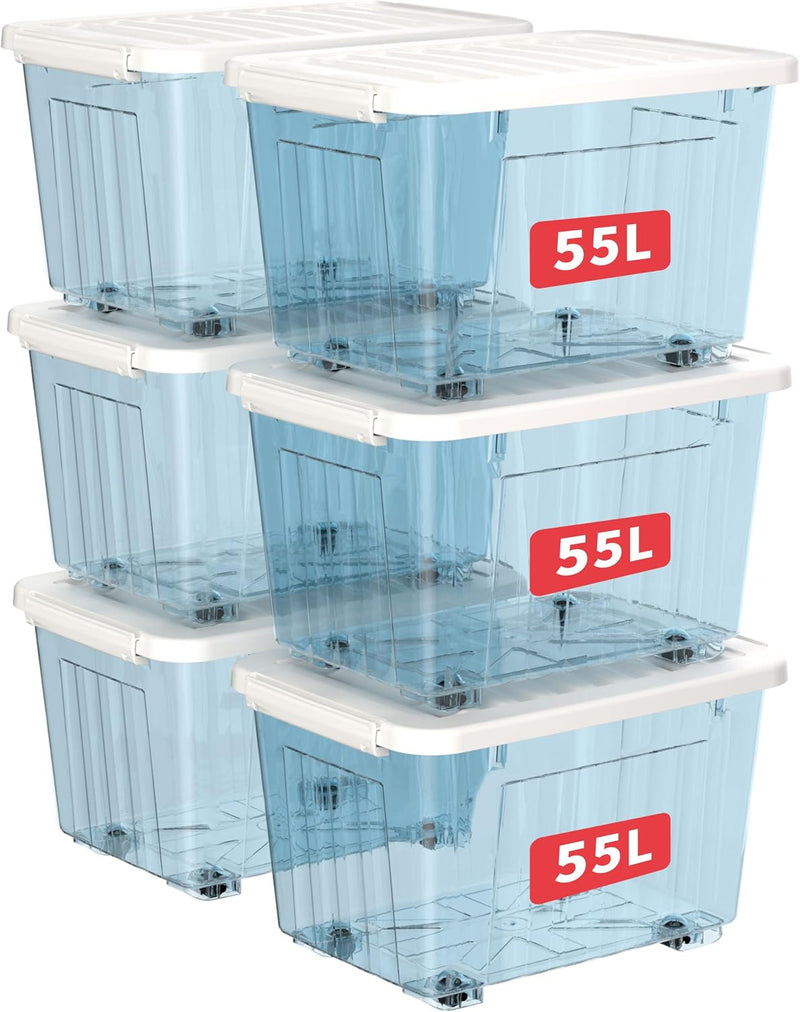 80lx6 Plastic Storage Boxes with Wheels Lidded Box (6 Pack)