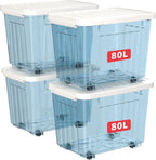 80lx6 Plastic Storage Boxes with Wheels Lidded Box (6 Pack)