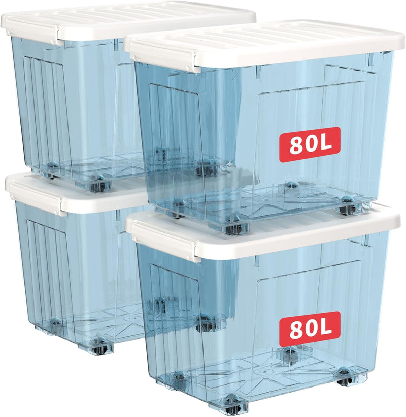 80lx6 Plastic Storage Boxes with Wheels Lidded Box (6 Pack)