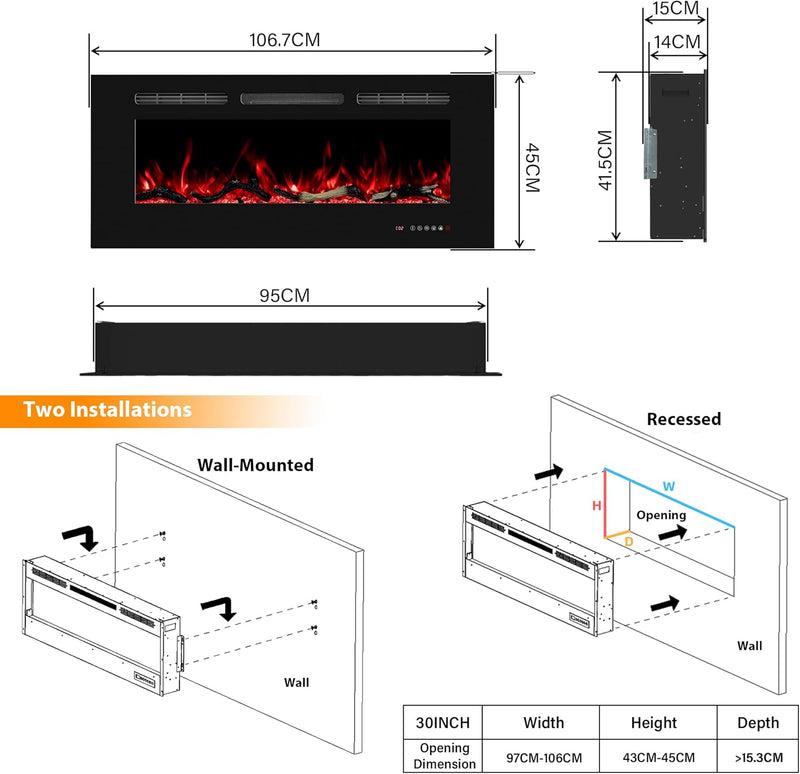 84CM Electric Fireplace Insert Linear Wall Mounted Heater