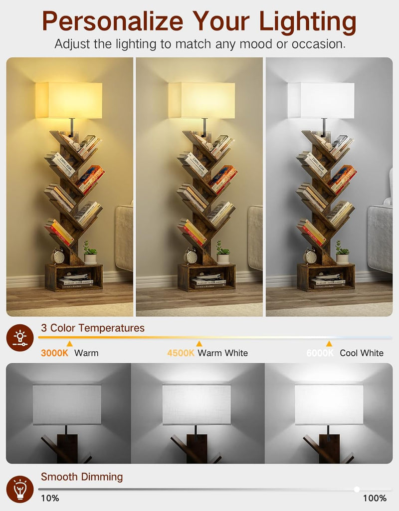 9-Tier Tree Bookshelf with Light Remote Rustic Brownn