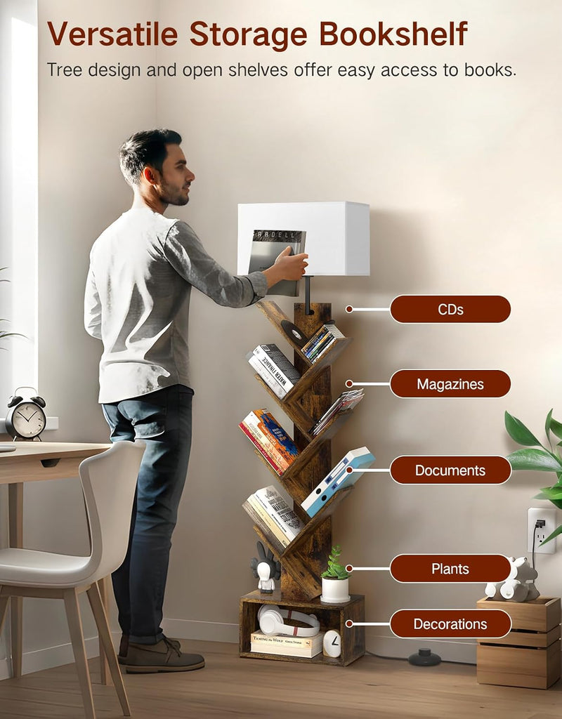9-Tier Tree Bookshelf with Light Remote Rustic Brownn