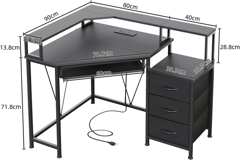 90x120CM Corner Desk with 3 Drawers L Shaped