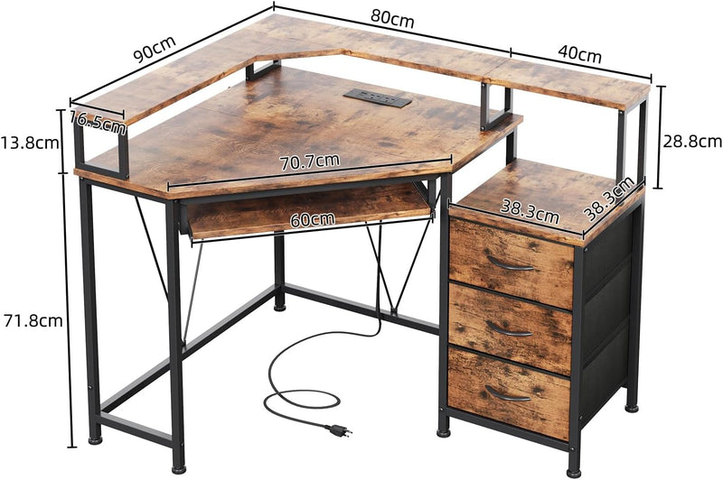 90x120CM Corner Desk with 3 Drawers L Shaped